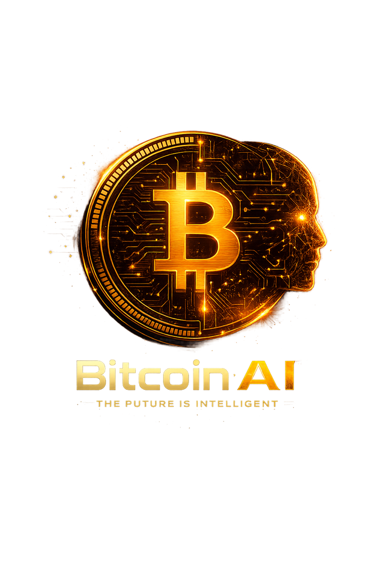 The BitcoinAI emblem: a Bitcoin coin whose circuitry resolves into the profile of a face.